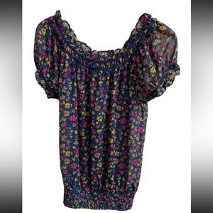 Forever 21 Blue Sheer Floral Blouse Top Juniors Size Medium M Short Sleeve